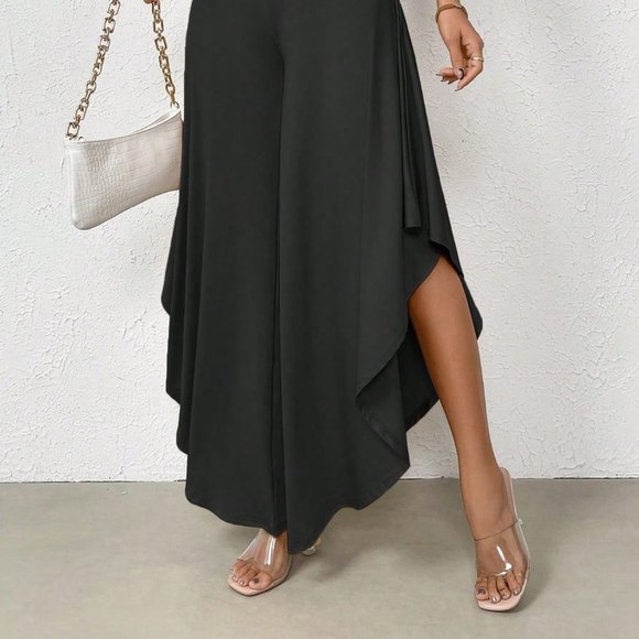 Black Preppy Womens High Waist Asymmetrical Hem Wide Leg Pants - Picture 3 of 5